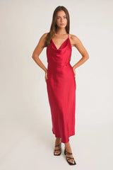 HALTER COWL NECK OPEN BACK SATIN MIDI DRESS