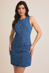 ROUND NECK SLEEVELESS BUTTON DOWN DENIM DRESS