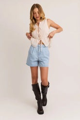 PLEATED HIGH WAISTED DENIM SHORTS