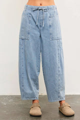 TIED FRONT SIDE SEAM DETAIL BANDED BACK DENIM BALLOON PANTS