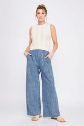 TEXTURED WIDE LEG PANTS BACK ELASTIC WAIST
