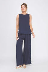 LINEN BLEND ELASTIC TIE-WAIST WIDE LEG PANTS