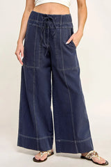TWILL PULL ON WIDE LEG PANTS