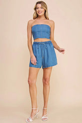 WASHED DENIM HIGH WAISTED TIE SHORTS