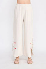 LINEN ELASTIC WAIST EMBROIDERED PANTS