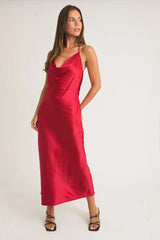 HALTER COWL NECK OPEN BACK SATIN MIDI DRESS