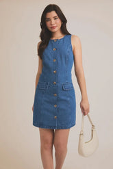 ROUND NECK SLEEVELESS BUTTON DOWN DENIM DRESS