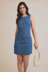 ROUND NECK SLEEVELESS BUTTON DOWN DENIM DRESS