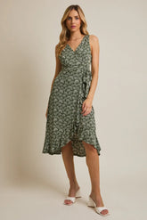 V NECK WAIST TIE SLEEVELESS MIDI DRESS