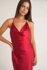 HALTER COWL NECK OPEN BACK SATIN MIDI DRESS