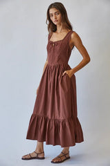 SOLID COTTON LACE TIE FRONT MAXI DRESS