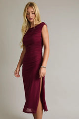OFF SHOULDER RUCHING DETAIL MESH MIDI DRESS