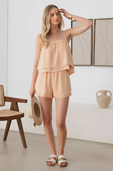 SLEEVELESS RUFFLE LAYER SHORTS