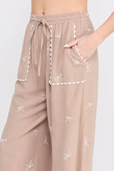 BOW EMBROIDERED LINEN PANTS SCALLOP TRIM