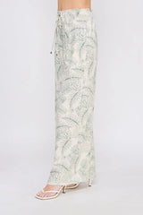 PRINTED LINEN SMOCKED TIE WAIST WIDE LEG PANTS