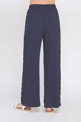 LINEN BLEND ELASTIC TIE-WAIST WIDE LEG PANTS