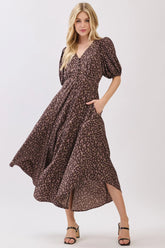 SHORT SLEEVE SELF COVER BUTTON DETAIL MIDI DRESS