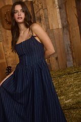STRIPE FRONT HOOK CORSET DENIM MIDI DRESS