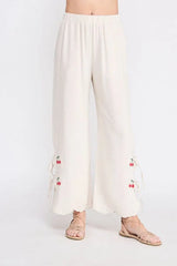LINEN ELASTIC WAIST EMBROIDERED PANTS