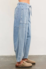 TIED FRONT SIDE SEAM DETAIL BANDED BACK DENIM BALLOON PANTS