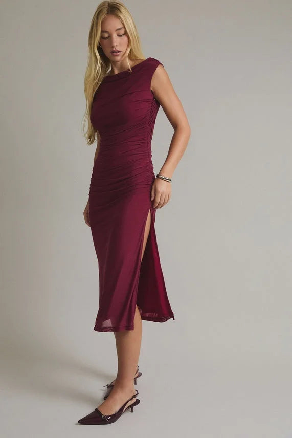 OFF SHOULDER RUCHING DETAIL MESH MIDI DRESS