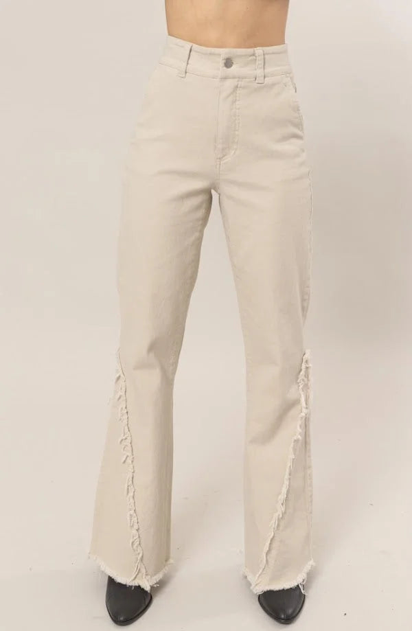 WASHED TWILL DISTRESSED FLARE PANTS