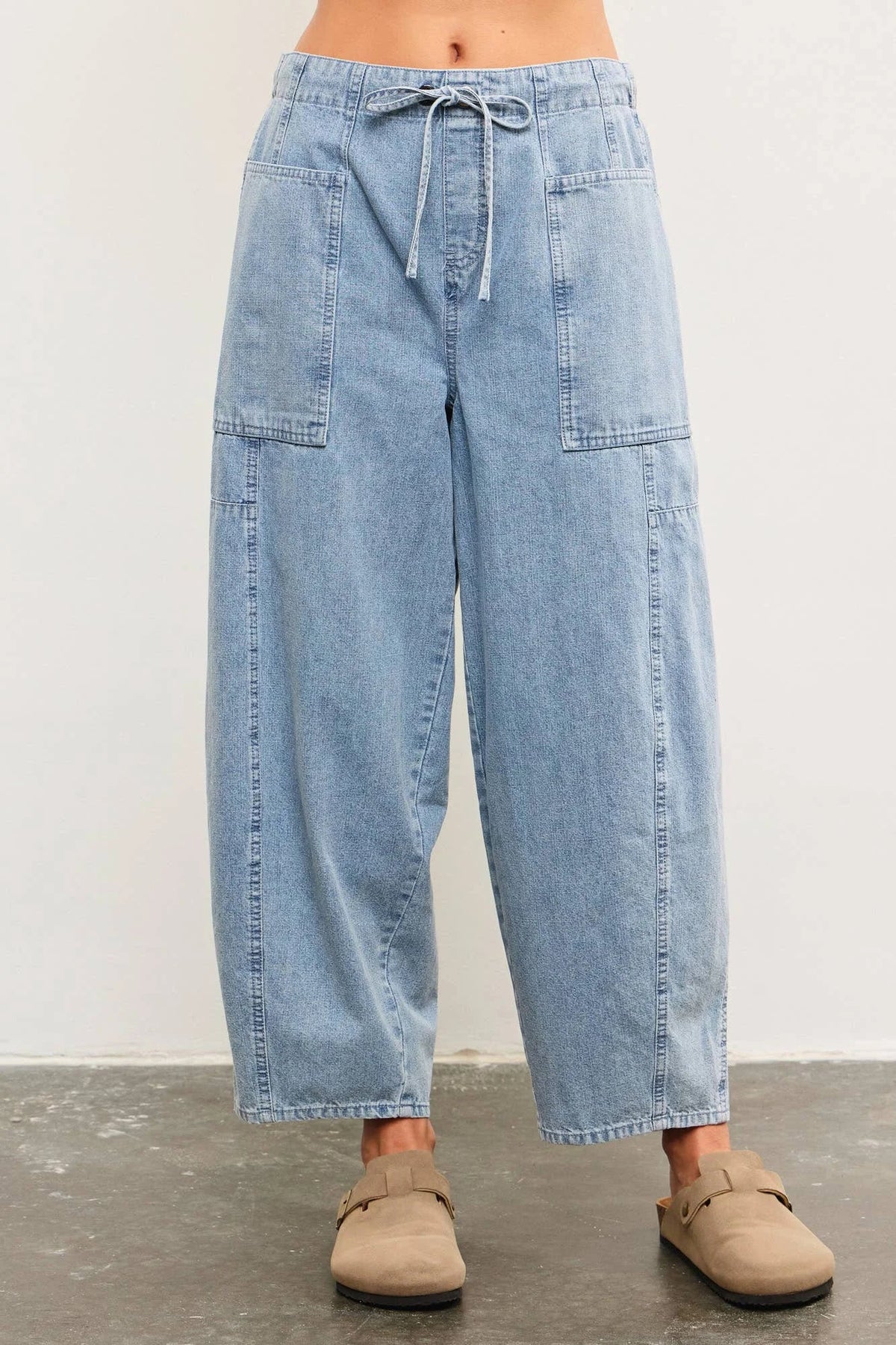 TIED FRONT SIDE SEAM DETAIL BANDED BACK DENIM BALLOON PANTS