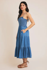 SLEEVELESS SMOCKED TOP TIERED DRESS
