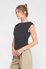 SLEEVELESS BOAT NECK SCRUNCH TANK TOP