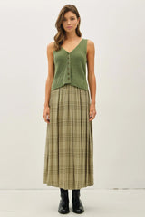 PLAID PRINTED PLEATS MIDI SKIRT
