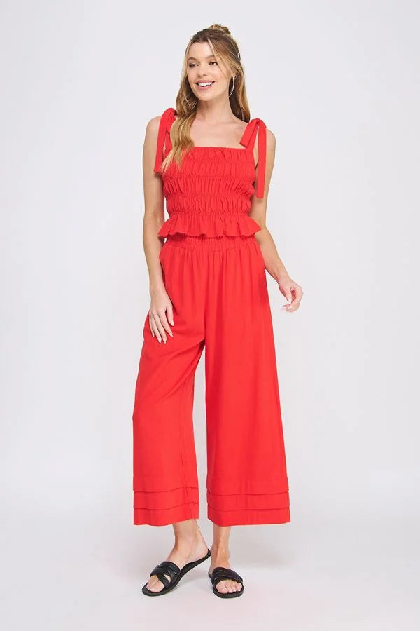 ELASTIC RUFFLE WAIST ANKLE PANTS
