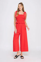 ELASTIC RUFFLE WAIST ANKLE PANTS