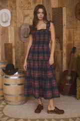 PLAID SMOCKED TIERED MIDI DRESS