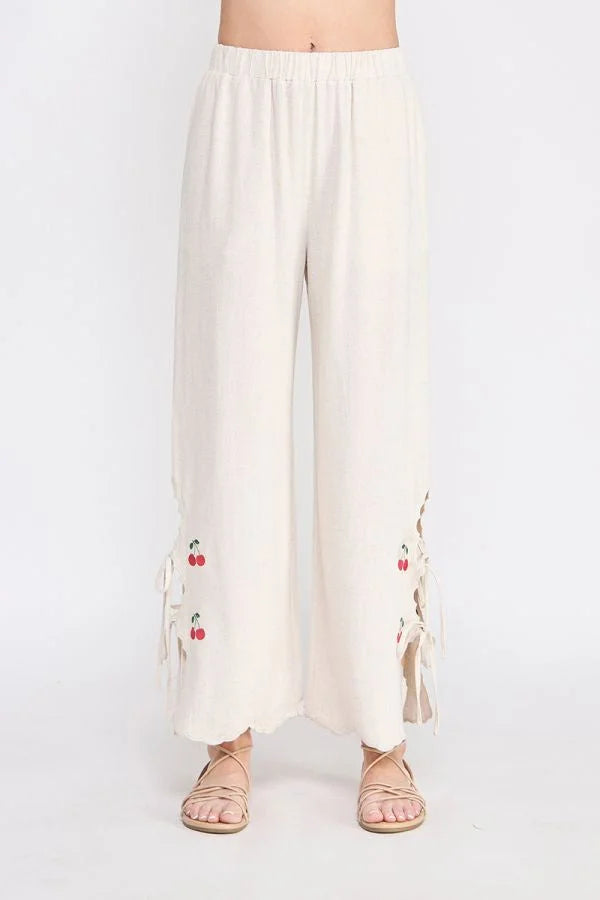 LINEN ELASTIC WAIST EMBROIDERED PANTS