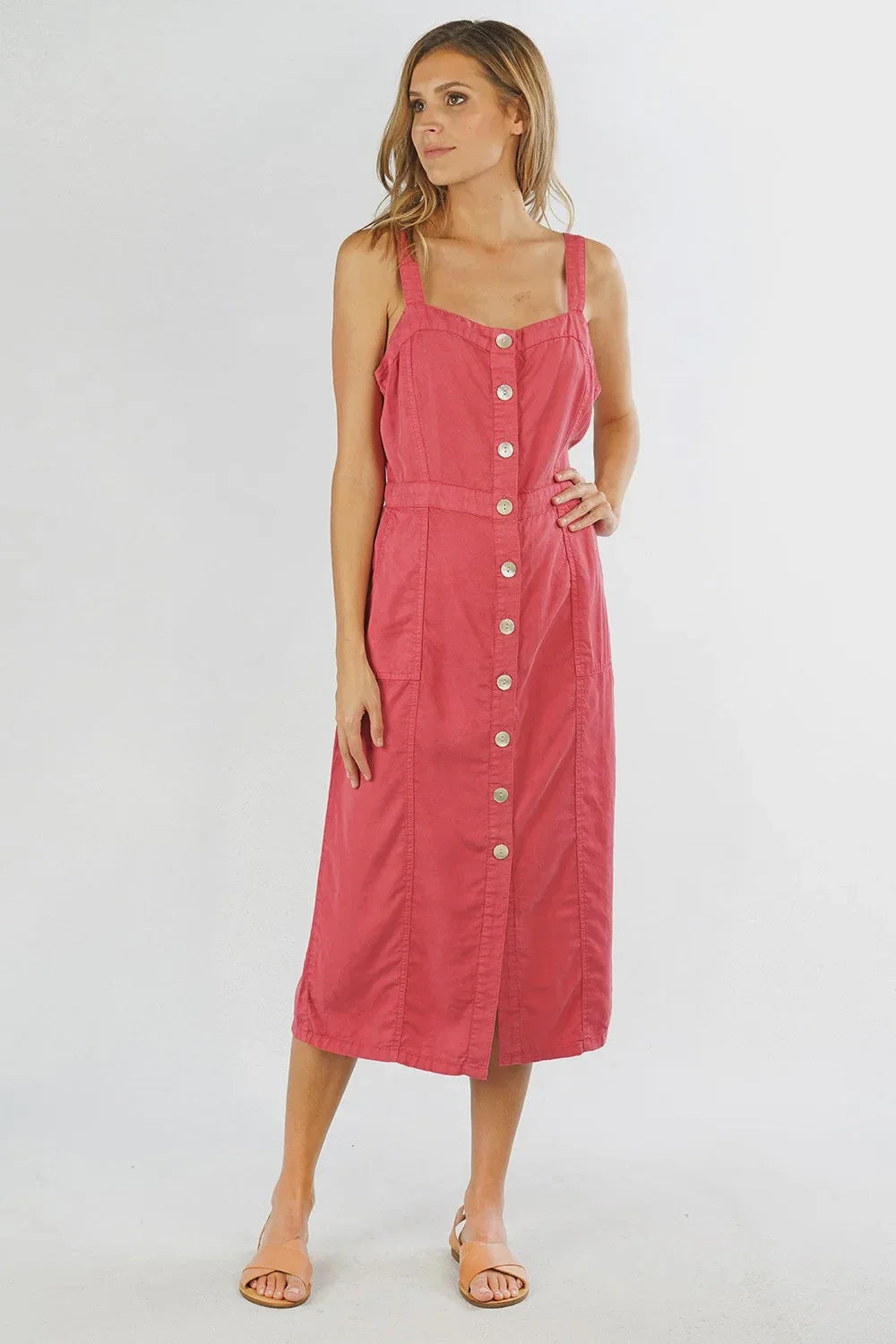 TENCEL BUTTON UP SLEEVELESS MIDI DRESS