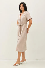 STRIPED UTILLITY STYLE TIE AT WAIST MIDI DRESS