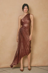 ASYMMETRICAL PLEATED ONE-SHOULDER MAXI DRESS