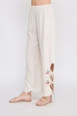 LINEN ELASTIC WAIST EMBROIDERED PANTS