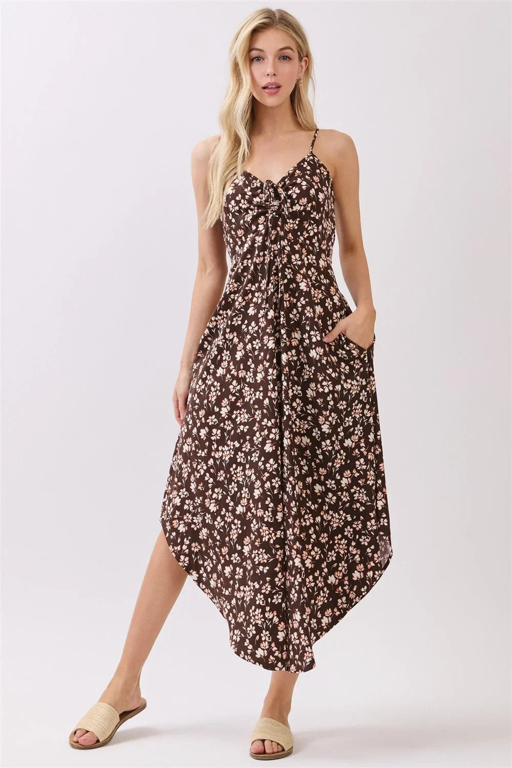 CHEST RUCHED ROUND HEMMING MIDI DRESS