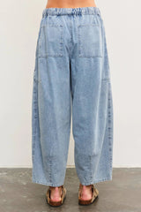 TIED FRONT SIDE SEAM DETAIL BANDED BACK DENIM BALLOON PANTS