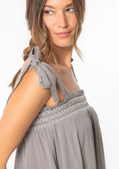 BOHEMIAN TIE SHOULDER SMOCKED TANK TOP