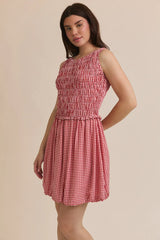 PLAID SMOCKED SLEEVELESS MINI DRESS