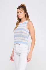 STRIPED CROCHET SCALLOP EDGES KNIT TANK TOP