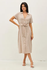 STRIPED UTILLITY STYLE TIE AT WAIST MIDI DRESS