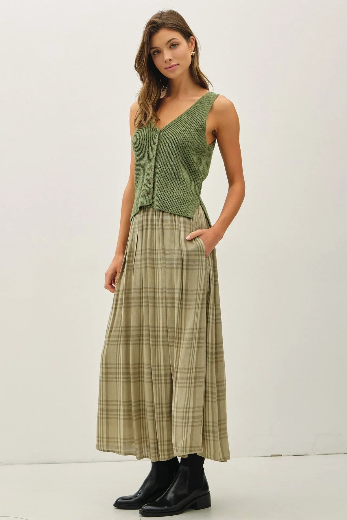 PLAID PRINTED PLEATS MIDI SKIRT