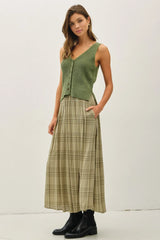 PLAID PRINTED PLEATS MIDI SKIRT