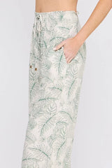 PRINTED LINEN SMOCKED TIE WAIST WIDE LEG PANTS