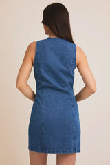 ROUND NECK SLEEVELESS BUTTON DOWN DENIM DRESS
