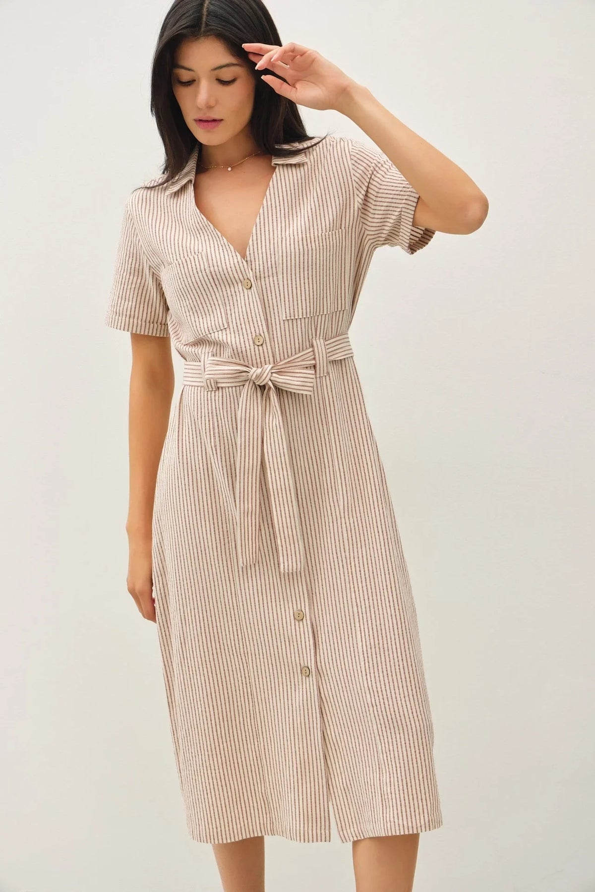 STRIPED UTILLITY STYLE TIE AT WAIST MIDI DRESS