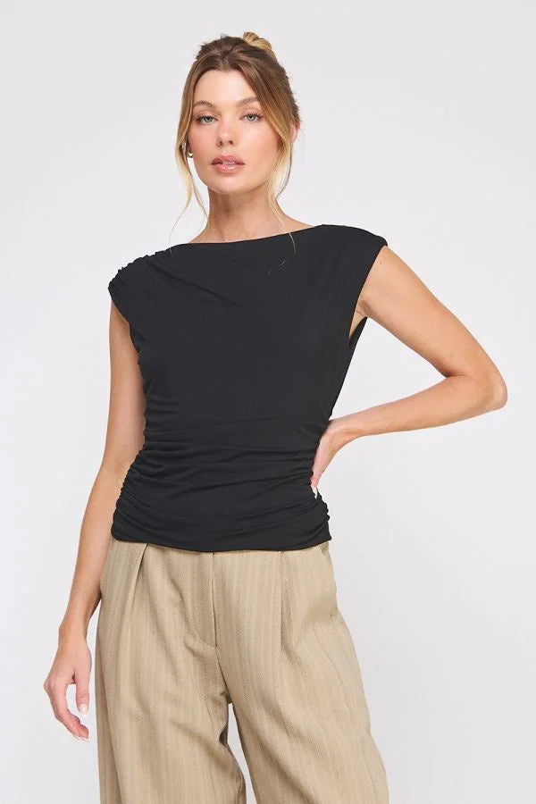 SLEEVELESS BOAT NECK SCRUNCH TANK TOP